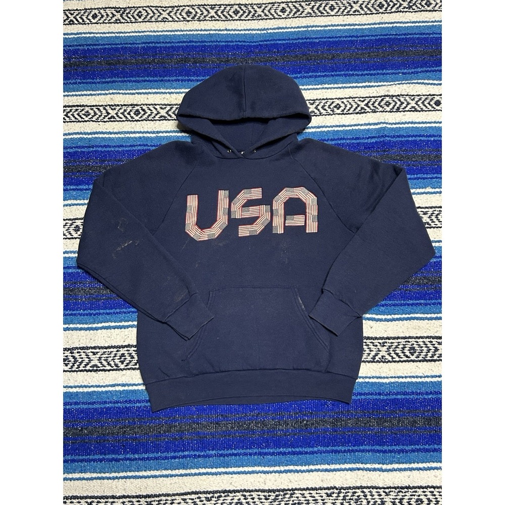 Vintage USA Flag Hoodie Womens Medium Navy Blue Made in USA Pullover Sweatshirt
